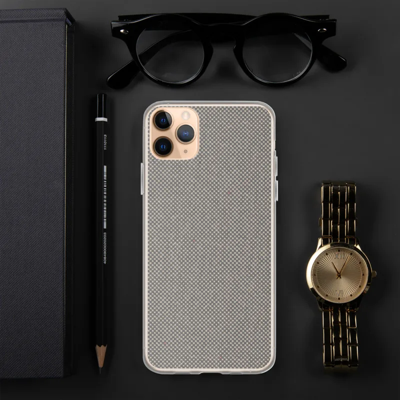 Slate Micro Check Clear Case for iPhone — fine micro-checkerboard woven pattern in muted slate and warm taupe with subtle