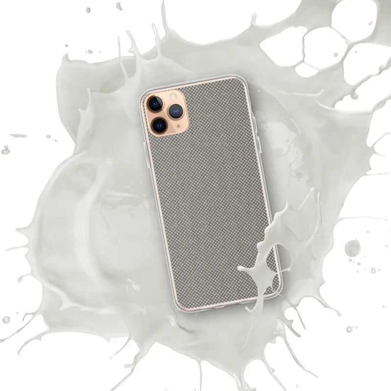 Slate Micro Check Clear Case for iPhone — fine micro-checkerboard woven pattern in muted slate and warm taupe with subtle