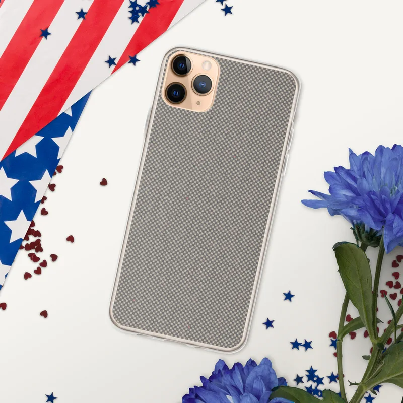 Slate Micro Check Clear Case for iPhone — fine micro-checkerboard woven pattern in muted slate and warm taupe with subtle