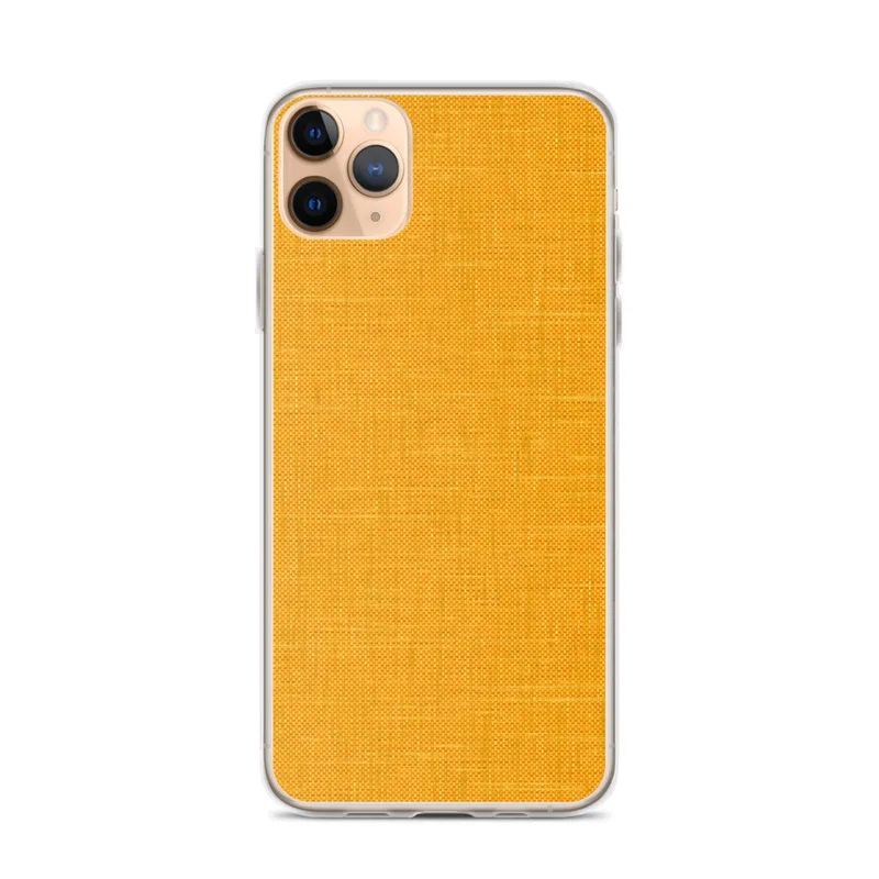 Golden Sunshine Linen Clear Case for iPhone — close-up woven linen fabric texture in vibrant marigold and amber yellow tones