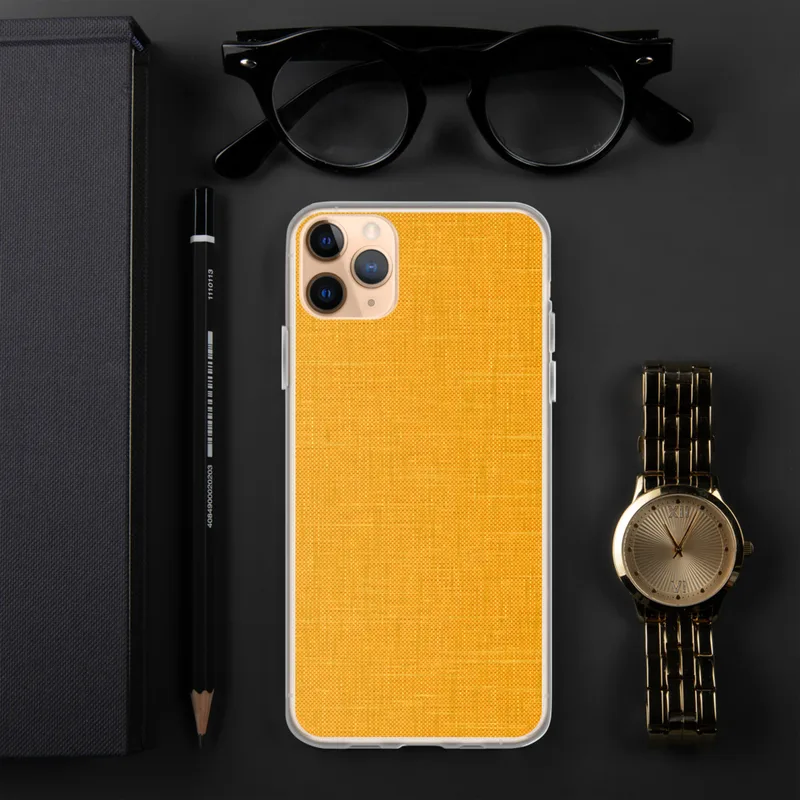 Golden Sunshine Linen Clear Case for iPhone — close-up woven linen fabric texture in vibrant marigold and amber yellow tones
