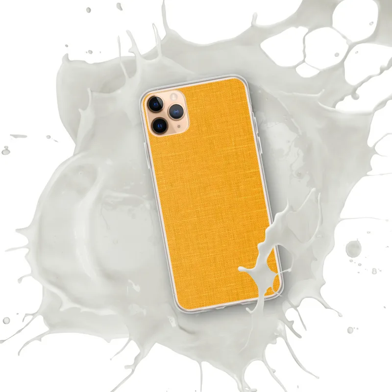 Golden Sunshine Linen Clear Case for iPhone — close-up woven linen fabric texture in vibrant marigold and amber yellow tones