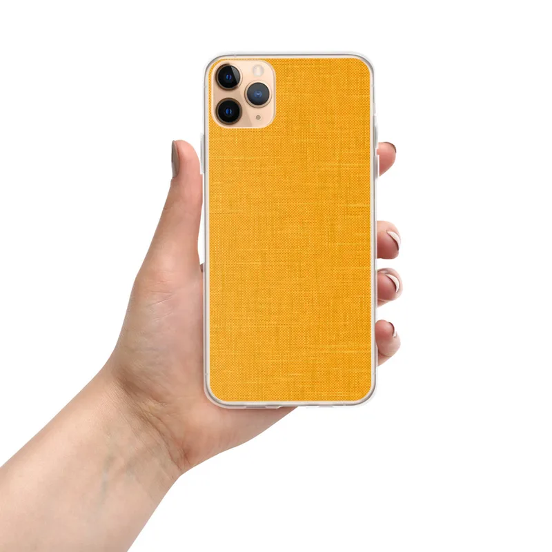 Golden Sunshine Linen Clear Case for iPhone — close-up woven linen fabric texture in vibrant marigold and amber yellow tones