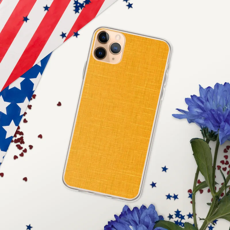 Golden Sunshine Linen Clear Case for iPhone — close-up woven linen fabric texture in vibrant marigold and amber yellow tones