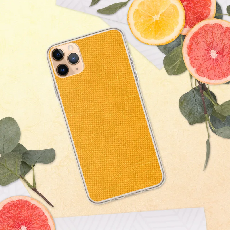 Golden Sunshine Linen Clear Case for iPhone — close-up woven linen fabric texture in vibrant marigold and amber yellow tones