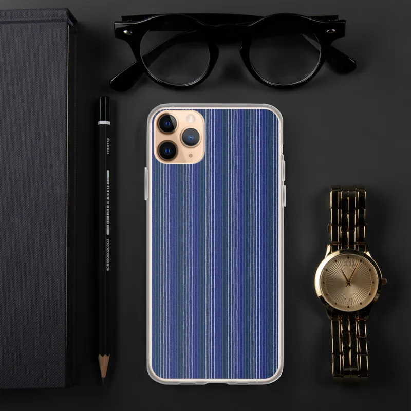 Cobalt Stripe Classic Clear Case for iPhone — tight vertical stripes in cobalt blue, forest green, periwinkle, and sage