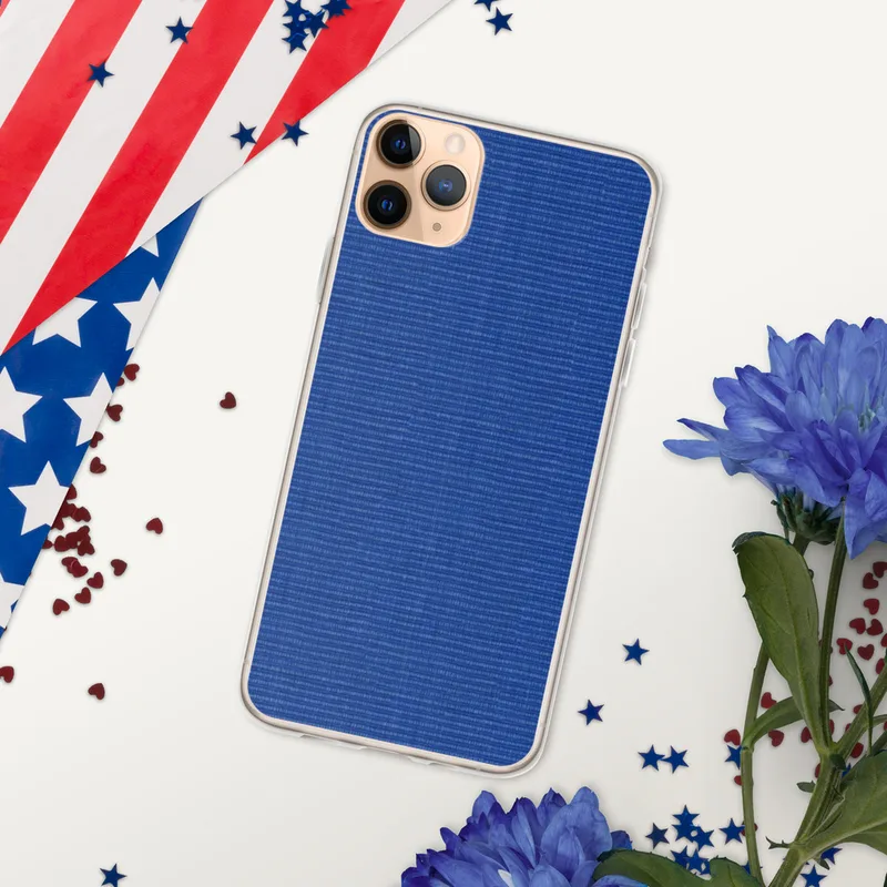 Bold Blue Woven Texture Clear Case for iPhone — close-up woven textile texture in deep cobalt and royal blue with tight