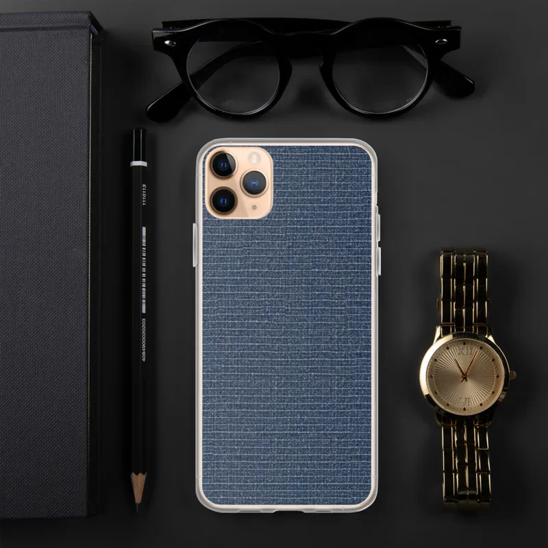 Navy Blue Woven Texture Clear Case for iPhone — close-up woven fabric texture in deep navy and heathered blue with fine