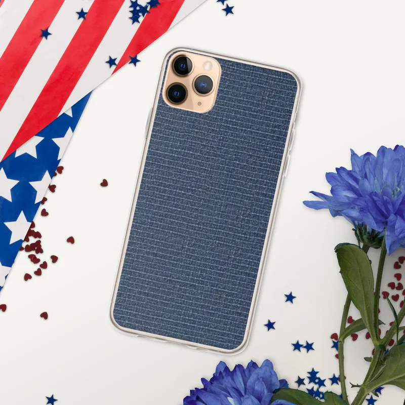 Navy Blue Woven Texture Clear Case for iPhone — close-up woven fabric texture in deep navy and heathered blue with fine
