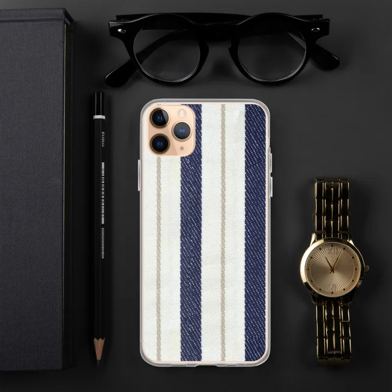 Nautical Ticking Stripe Clear Case for iPhone — woven ticking stripe pattern with wide navy blue stripes, slim taupe