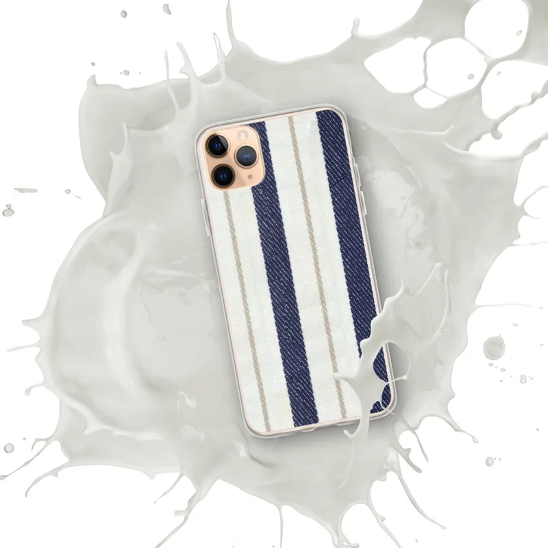 Nautical Ticking Stripe Clear Case for iPhone — woven ticking stripe pattern with wide navy blue stripes, slim taupe