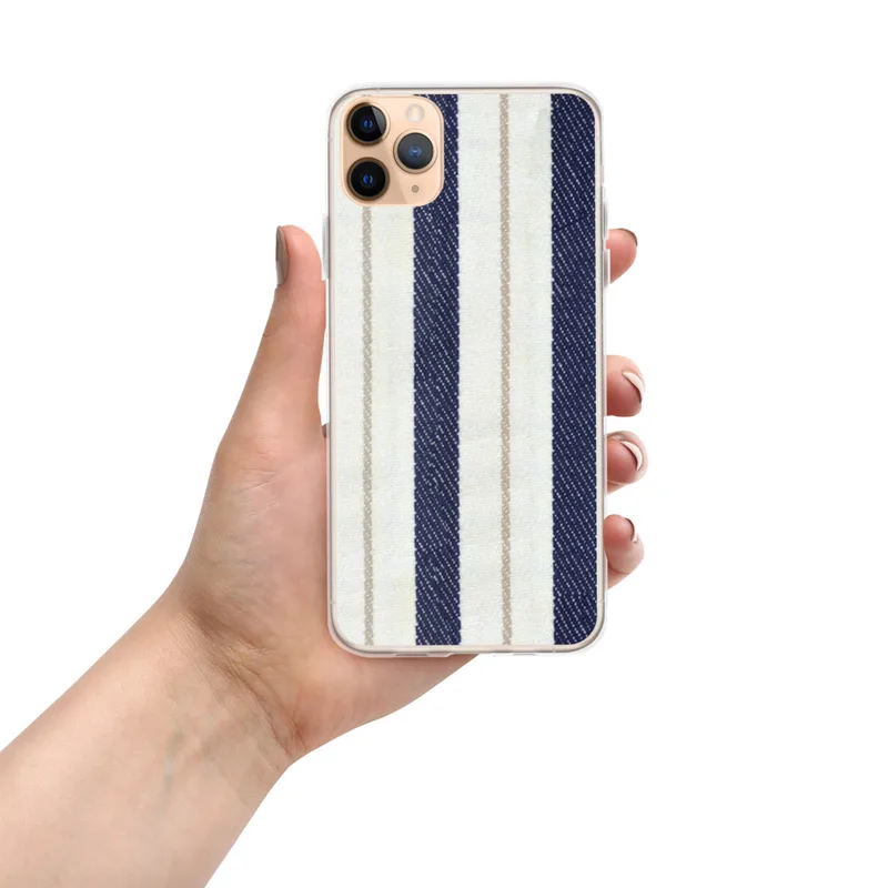 Nautical Ticking Stripe Clear Case for iPhone — woven ticking stripe pattern with wide navy blue stripes, slim taupe