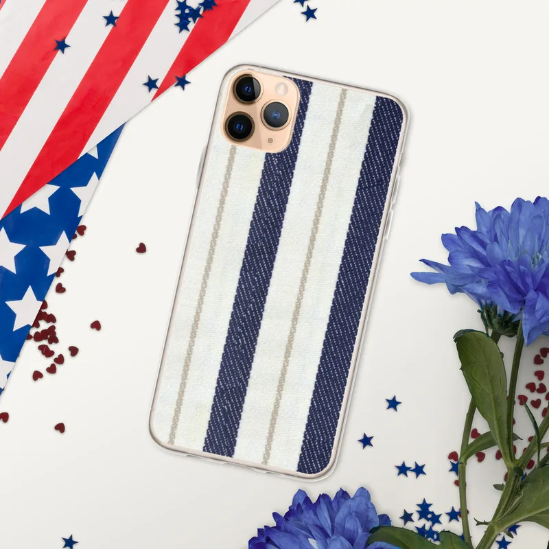 Nautical Ticking Stripe Clear Case for iPhone — woven ticking stripe pattern with wide navy blue stripes, slim taupe