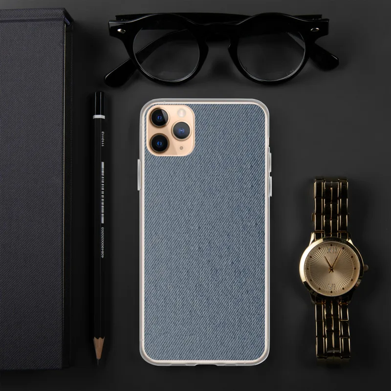 Washed Denim Texture Clear Case for iPhone — close-up washed denim fabric texture with diagonal twill weave in faded indigo