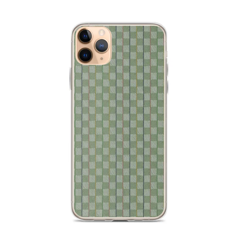 Garden Plaid Clear Case for iPhone — woven-style plaid pattern in sage green and mint with thin vertical stripes in dusty