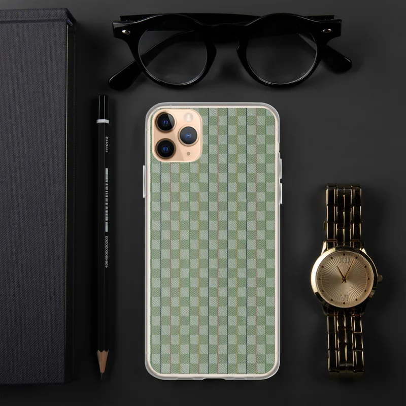 Garden Plaid Clear Case for iPhone — woven-style plaid pattern in sage green and mint with thin vertical stripes in dusty