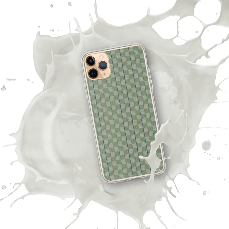 Garden Plaid Clear Case for iPhone — woven-style plaid pattern in sage green and mint with thin vertical stripes in dusty