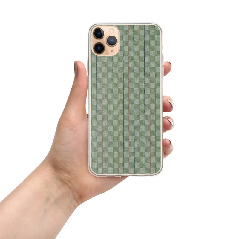 Garden Plaid Clear Case for iPhone — woven-style plaid pattern in sage green and mint with thin vertical stripes in dusty