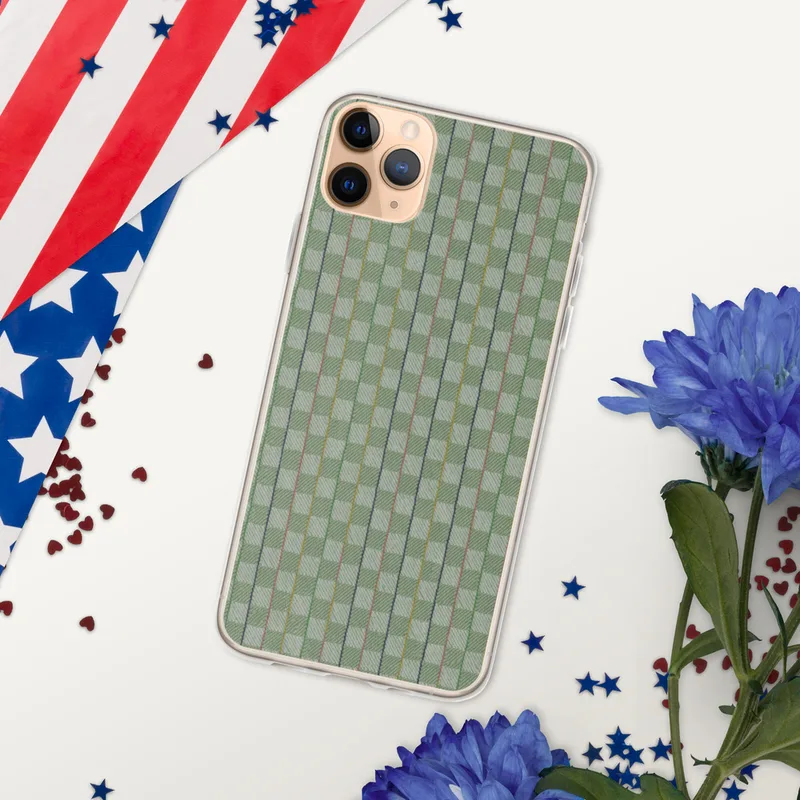 Garden Plaid Clear Case for iPhone — woven-style plaid pattern in sage green and mint with thin vertical stripes in dusty