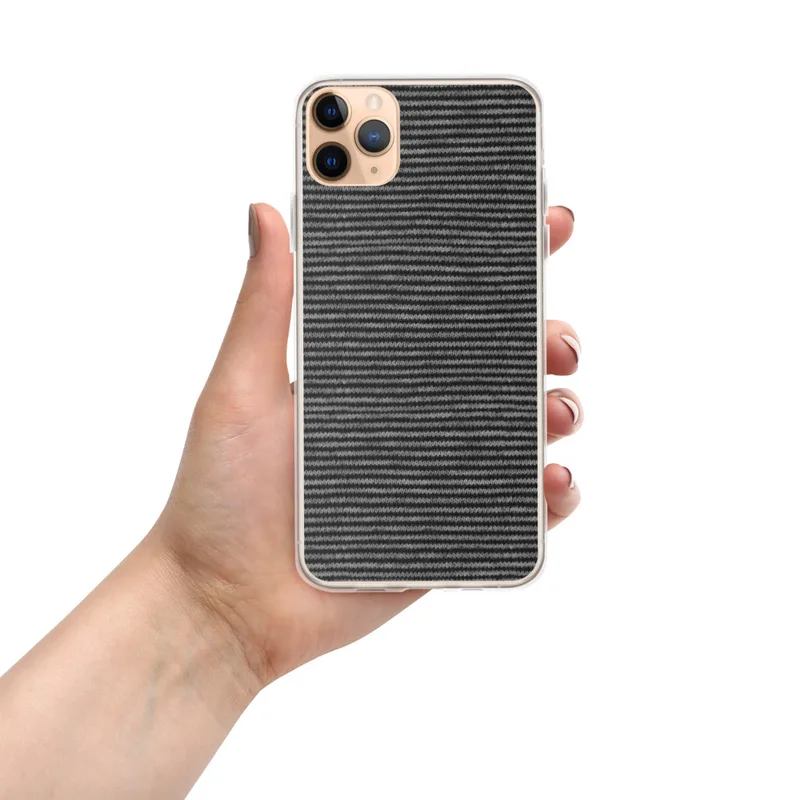 Dark Pinstripe Texture Clear Case for iPhone — tightly woven horizontal pinstripes in charcoal and soft grey resembling fine