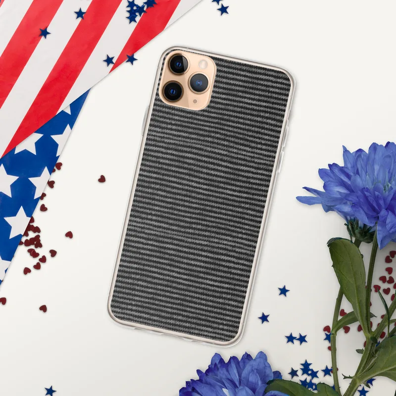 Dark Pinstripe Texture Clear Case for iPhone — tightly woven horizontal pinstripes in charcoal and soft grey resembling fine