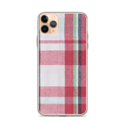 traditional madras-style plaid in crimson red, forest green, deep navy, and white woven stripe pattern on mockup Holiday Plaid Clear iPhone Case - default view
