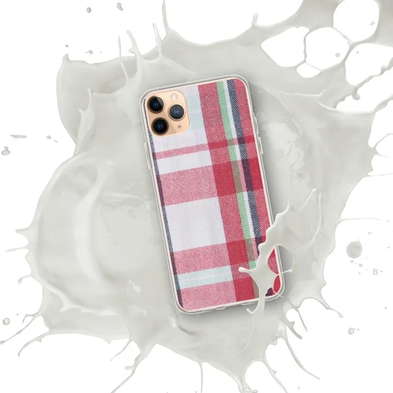 Holiday Plaid Clear Case for iPhone — traditional madras-style plaid in crimson red, forest green, deep navy, and white
