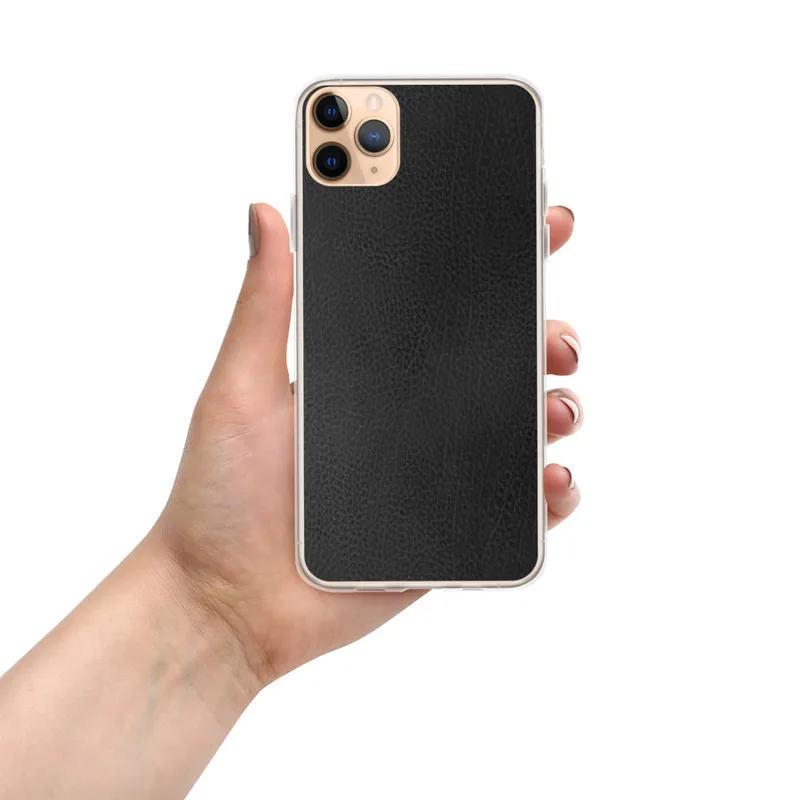Dark Leather Texture Clear Case for iPhone — close-up black leather grain texture with natural variation in deep charcoal
