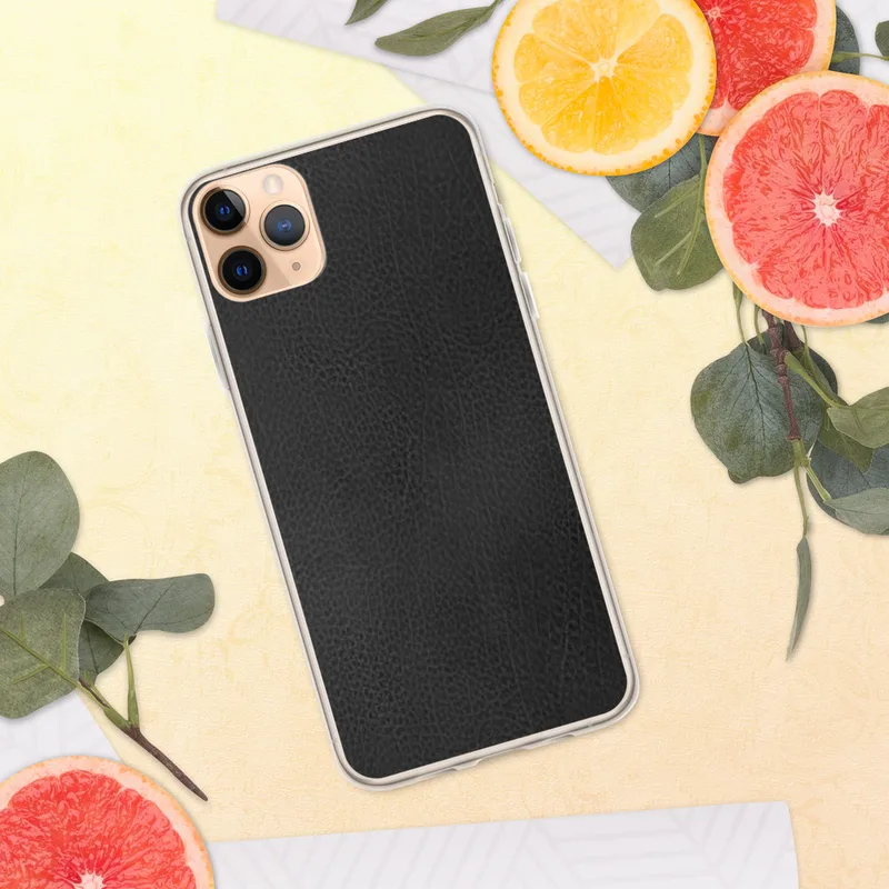 Dark Leather Texture Clear Case for iPhone — close-up black leather grain texture with natural variation in deep charcoal