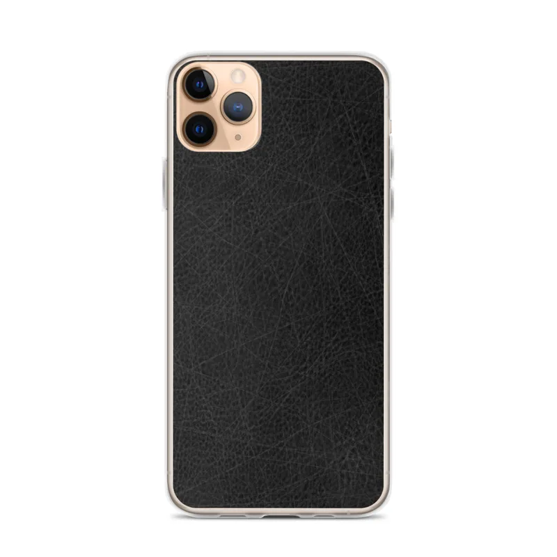 Scratched Black Leather Clear Case for iPhone — close-up black leather surface with natural grain pores and scattered fine