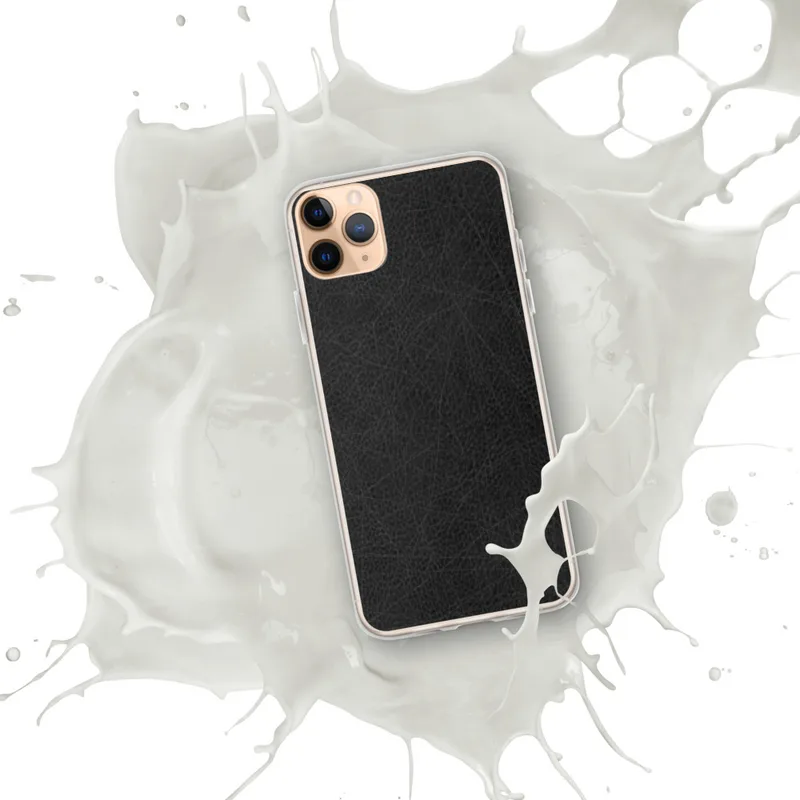 Scratched Black Leather Clear Case for iPhone — close-up black leather surface with natural grain pores and scattered fine