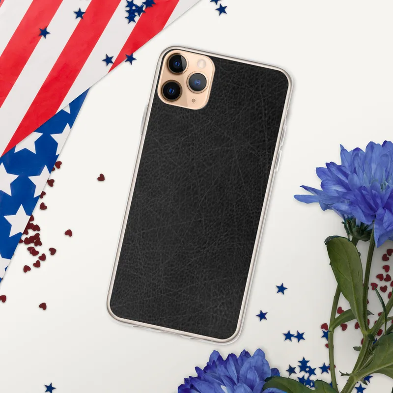 Scratched Black Leather Clear Case for iPhone — close-up black leather surface with natural grain pores and scattered fine
