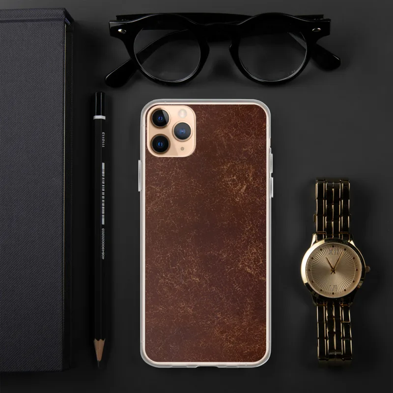Worn Leather Texture Clear Case for iPhone — distressed dark mahogany leather surface with cracked, aged creasing and warm