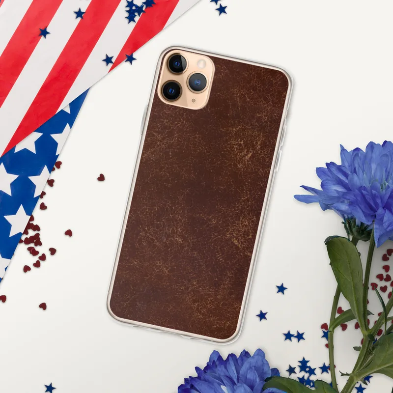 Worn Leather Texture Clear Case for iPhone — distressed dark mahogany leather surface with cracked, aged creasing and warm