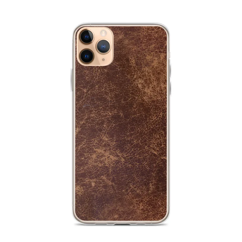 Worn Leather Vintage Clear Case for iPhone — distressed leather texture in deep mahogany and warm tan with crackled surface