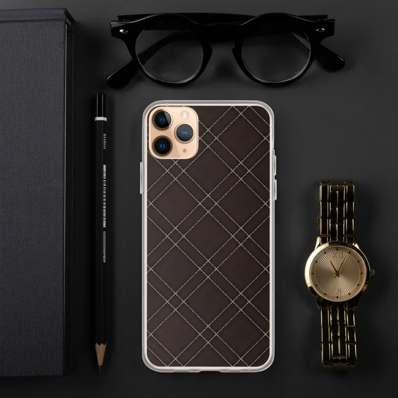 Dark Quilted Leather Diamond Clear Case for iPhone — diagonal diamond quilt pattern in deep dark brown with fine dashed