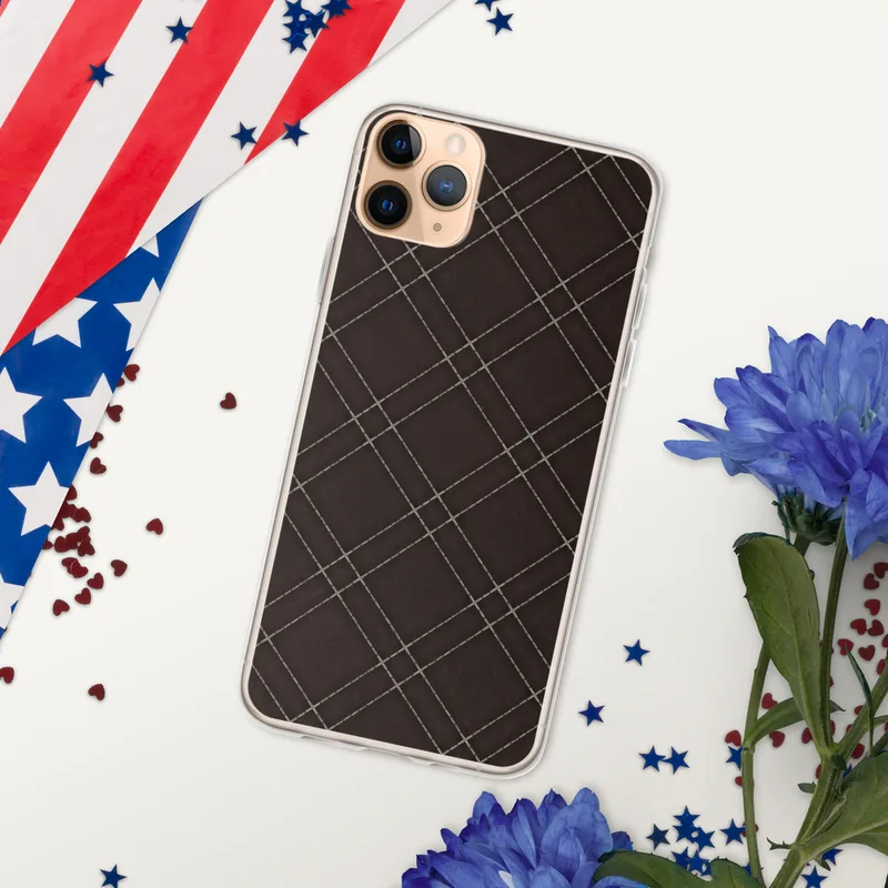 Dark Quilted Leather Diamond Clear Case for iPhone — diagonal diamond quilt pattern in deep dark brown with fine dashed