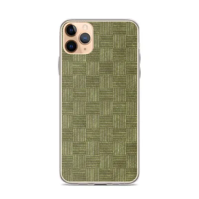 repeating grid of alternating horizontal and vertical woven stripe squares in muted olive and sage green tones on mockup Woven Basket Weave Clear Case - default view