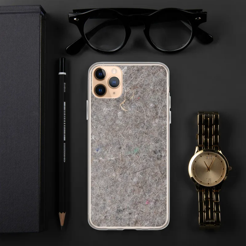 Raw Fiber Texture Clear Case for iPhone — close-up photographic texture of gray industrial felt with scattered fibers