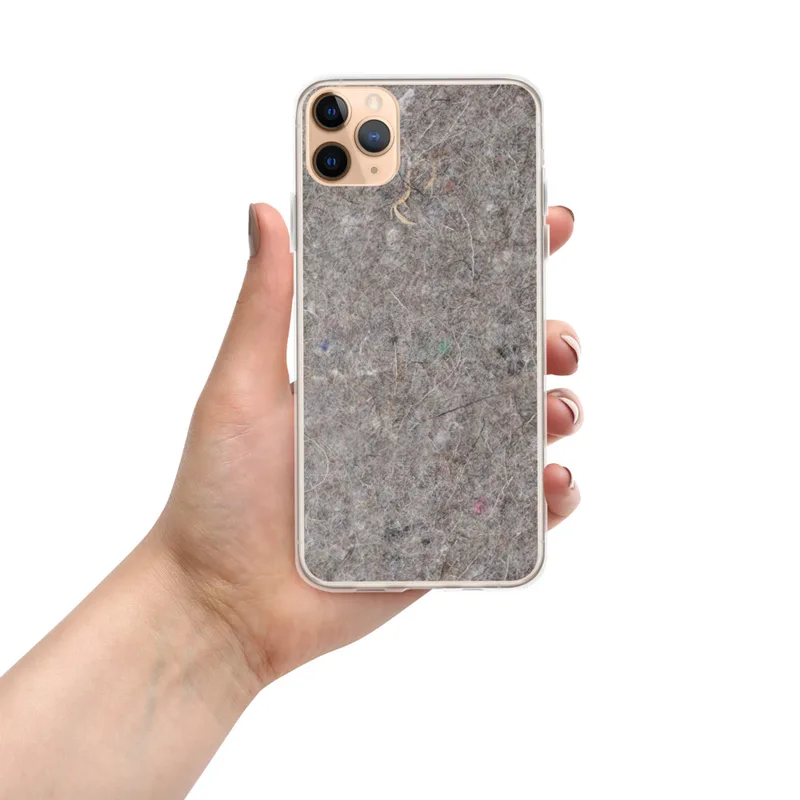 Raw Fiber Texture Clear Case for iPhone — close-up photographic texture of gray industrial felt with scattered fibers