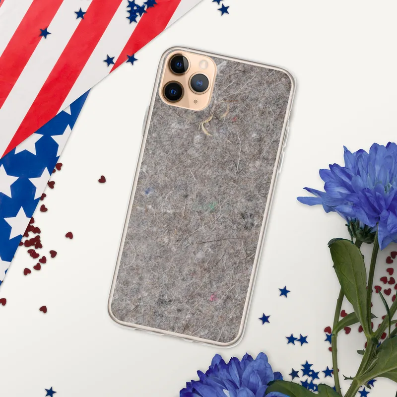 Raw Fiber Texture Clear Case for iPhone — close-up photographic texture of gray industrial felt with scattered fibers