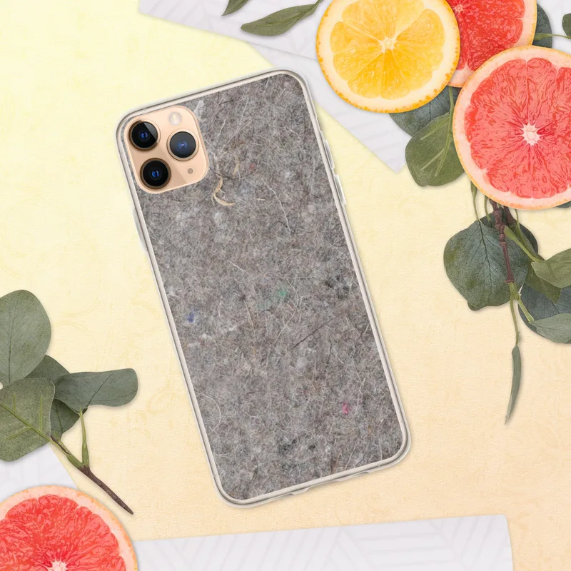 Raw Fiber Texture Clear Case for iPhone — close-up photographic texture of gray industrial felt with scattered fibers