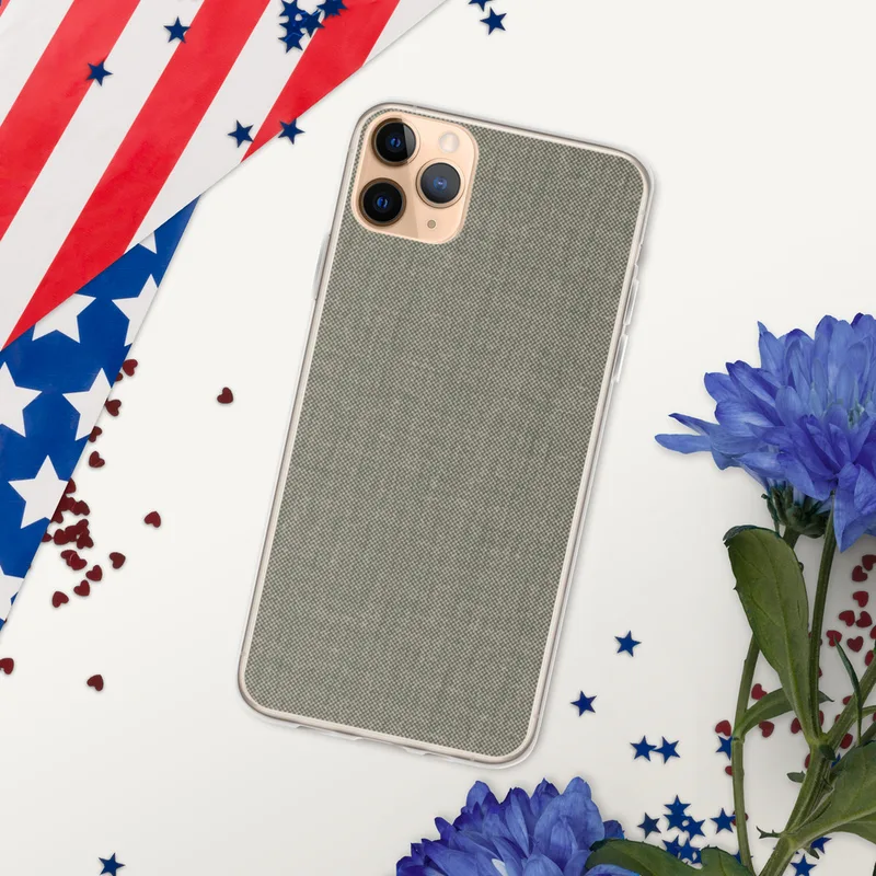 Subtle Texture Minimalist Clear Case for iPhone — fine woven textile pattern in muted sage green and warm grey tones