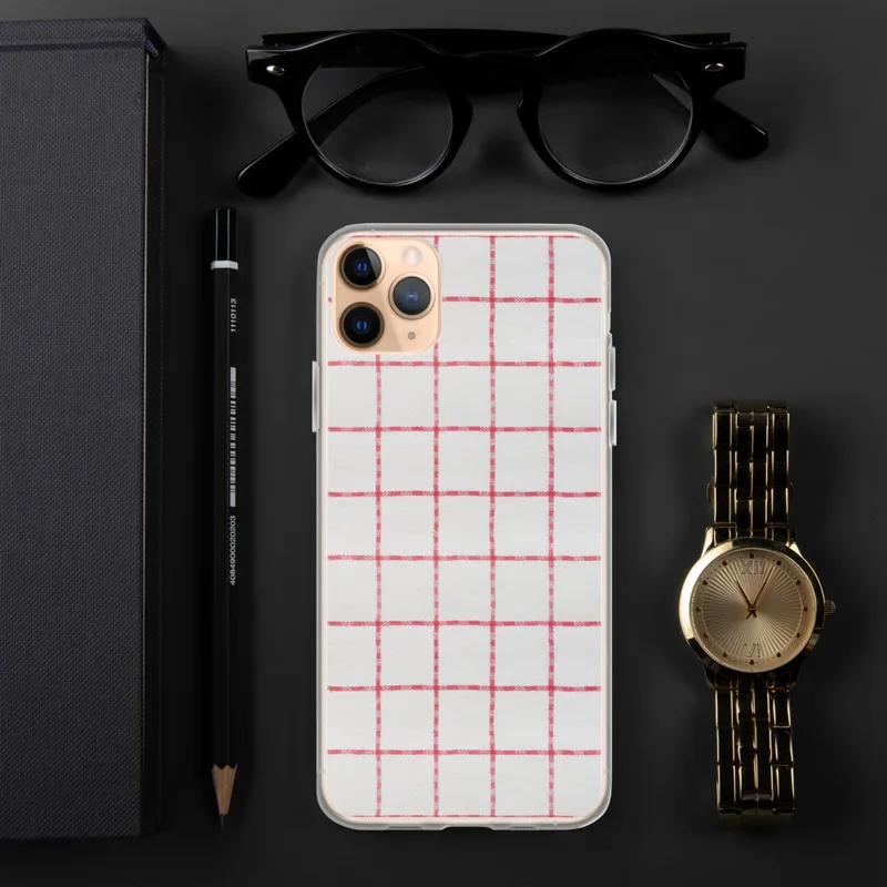 Red Plaid Clear Case for iPhone — red windowpane plaid grid on a white woven textile background with evenly spaced checks
