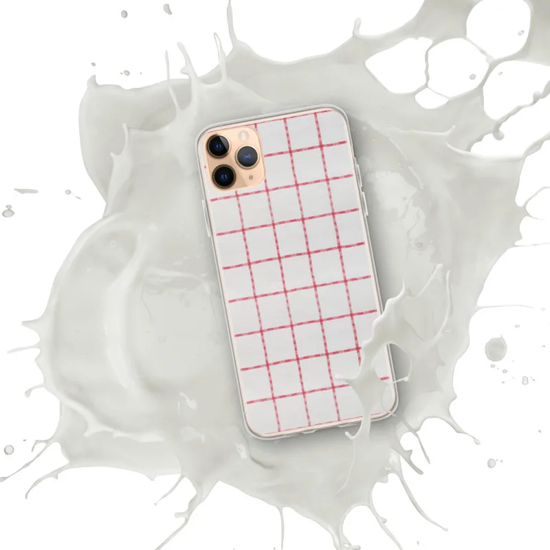 Red Plaid Clear Case for iPhone — red windowpane plaid grid on a white woven textile background with evenly spaced checks