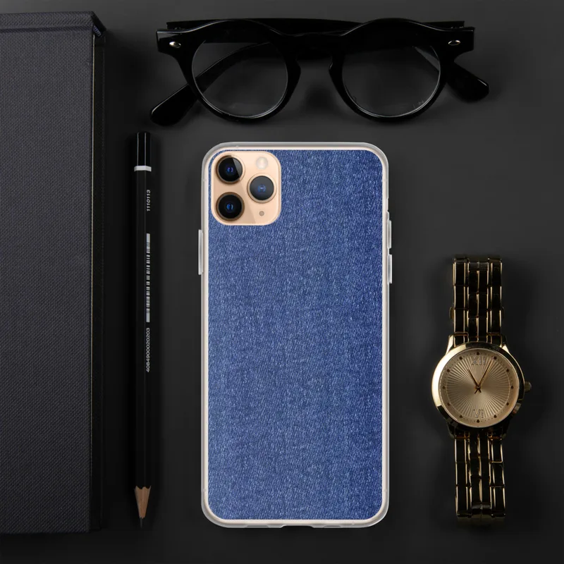 Classic Denim Texture Clear Case for iPhone — close-up woven indigo denim fabric texture with diagonal twill pattern in deep