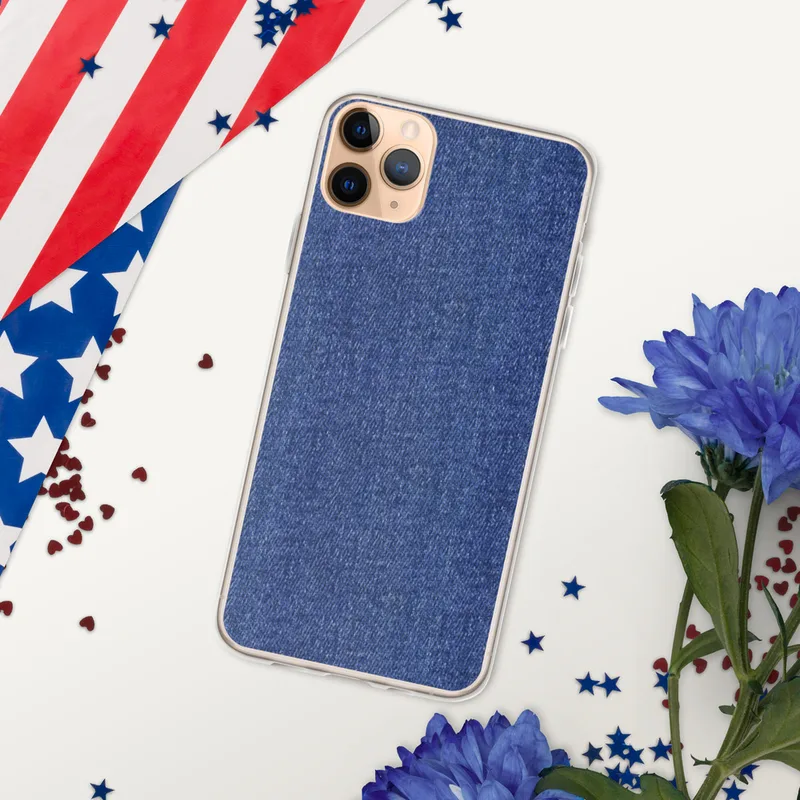 Classic Denim Texture Clear Case for iPhone — close-up woven indigo denim fabric texture with diagonal twill pattern in deep
