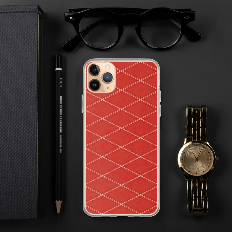 Red Diamond Quilted Pattern Clear Case for iPhone — repeating diamond grid pattern with cream double-stitch lines on a rich