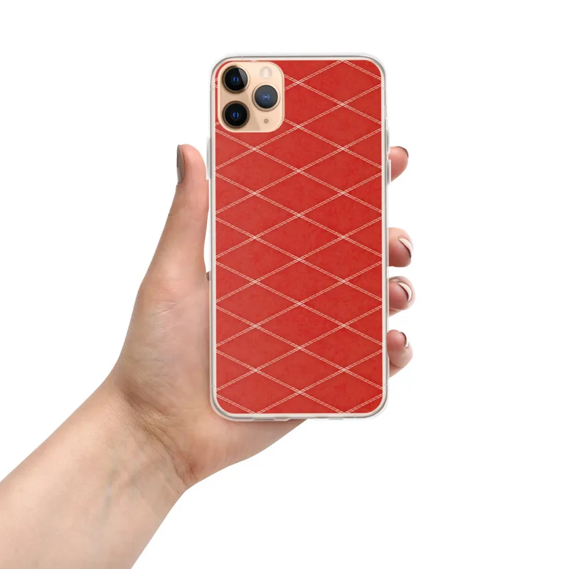 Red Diamond Quilted Pattern Clear Case for iPhone — repeating diamond grid pattern with cream double-stitch lines on a rich