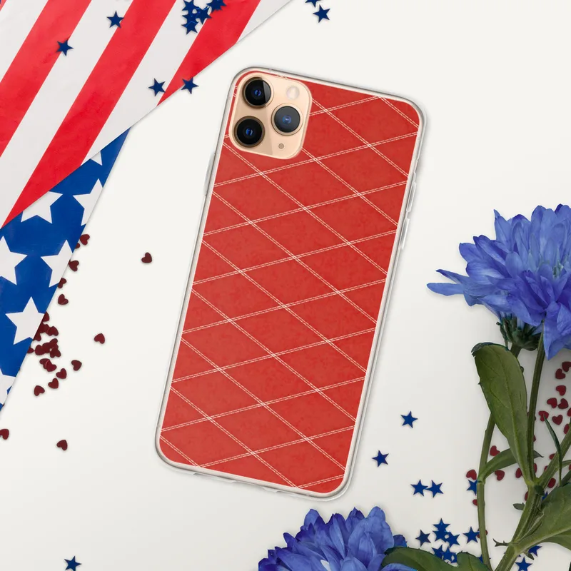 Red Diamond Quilted Pattern Clear Case for iPhone — repeating diamond grid pattern with cream double-stitch lines on a rich
